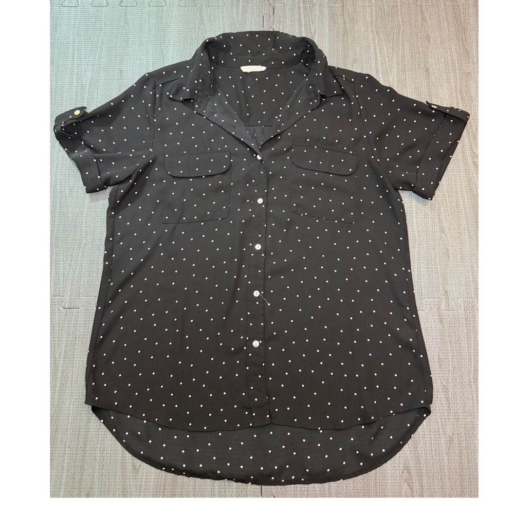 Lovestitch Womens Black Polka Dot Short Sleeve Button Down Blouse Large L